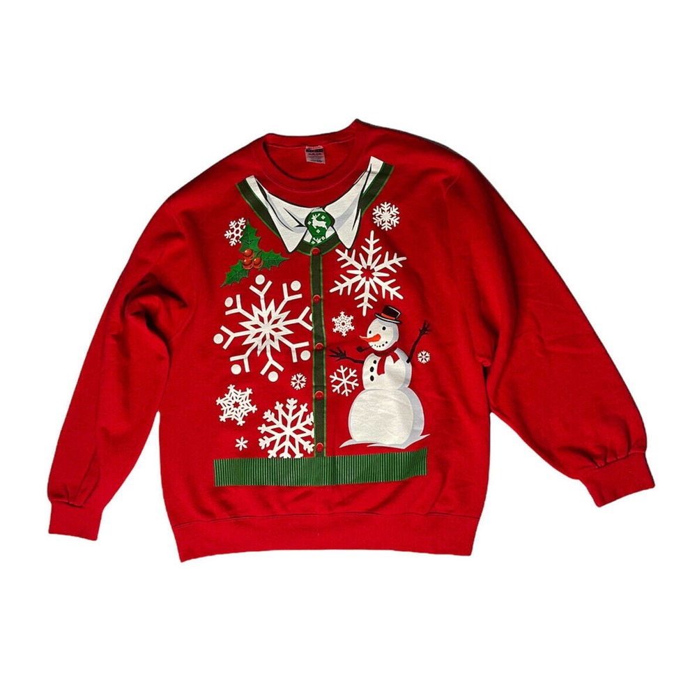 Vintage Mens Jerzees NuBlend Ugly Christmas Sweatshirt Snowman Shirt Tie Sz L